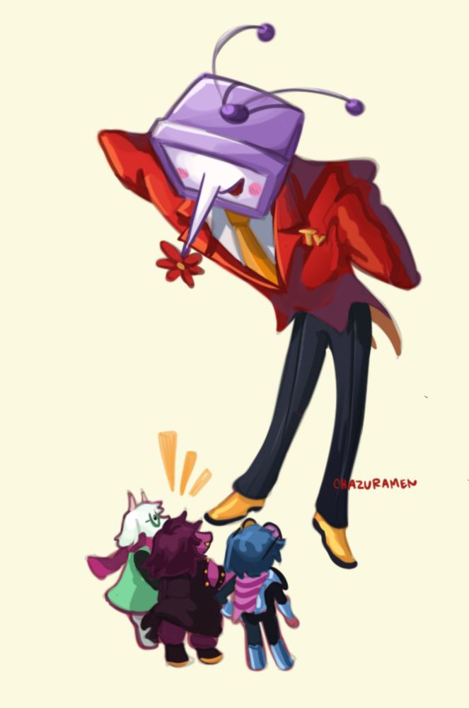 Tenna from deltarune towering over the fun gang, Ralsei, Susie and Kris. He's happy to talk to them