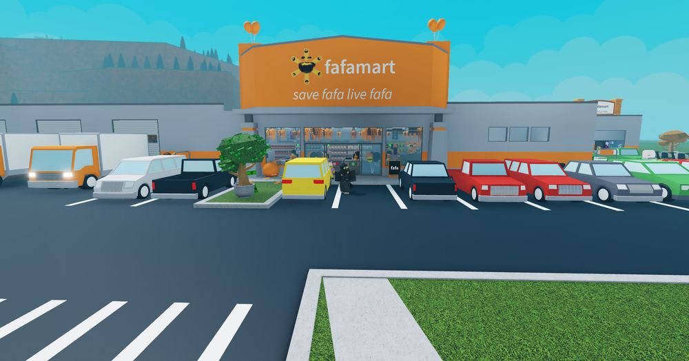 a grey and orange retail building with a big sign above the entrance. the fafamart logo, name and slogan on the sign. the slogan is "sava fafa, live fafa". there are balloons on either side of the top of the sign. there are many cars in the parking lot and box trucks at the loading docks.