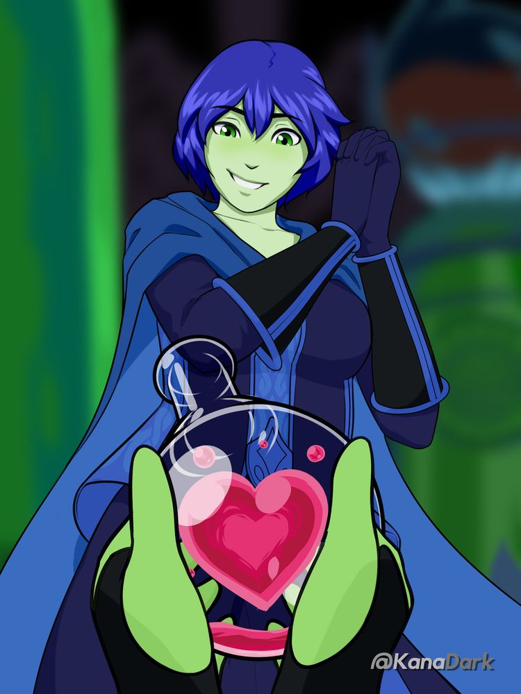 Digital fanart of Shovel Knight: Plague of Shadows, of Mona receiving a potion gift from Plague Knight.