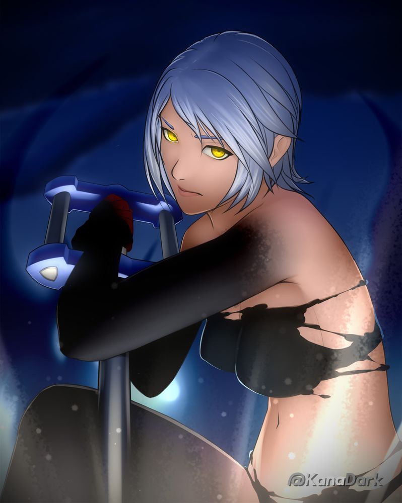 Anti-Aqua from Kingdom Hearts 3 stabbing towards the viewer with a Keyblade.