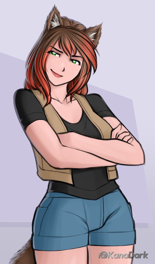 Digital thigh-up drawing of a catgirl crossing arms with a mischievous smile.