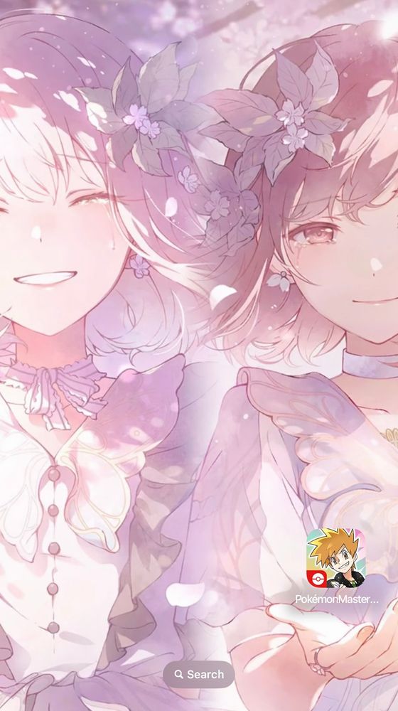 A screenshot of my phone’s home screen. The wallpaper is a beautiful side-by-side edit of Mizuki and Ena’s Ena5 artwork. On Ena’s outstretched hand floats the Pokémon Masters EX icon featuring Blue Oak in his Arc Suit.