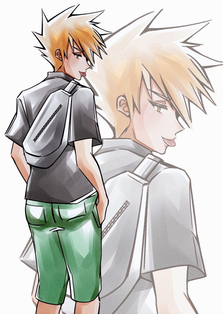 Artwork of Blue Oak from Pokémon as his Alolan incarnation whips out his tongue (😭) cheekily as he looks back with his hands in his pockets. His butt is shaded in a way that makes them cheeks stands out.