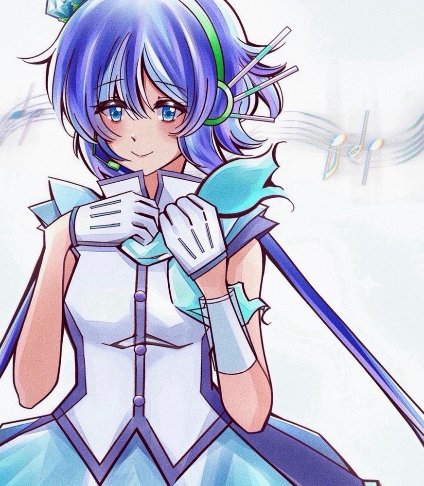 My fan art of VOCALOID / Vocal Synth / VIRTUAL SINGER Aoki Lapis. She is smiling towards the audience and a few musical notes are seen in the background.