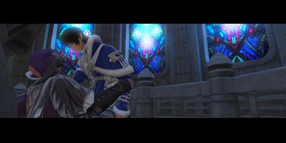 my WoL, Genadai, and Aymeric kneeling face to face behind the statue of Halone the Fury in the cathedral in Ishgard. Gena's back is to the statue with Aymeric leaning in. Aymeric's hand is supporting Gena's head; Gena's hand is on Aymeric's other forearm. the stained glass in the background gives Aymeric a slight halo.

Genadai is saying to Aymeric "Show me how you worship your god."