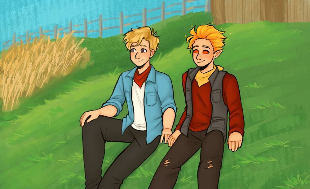 Jimmy and Tango from Double Life SMP, sitting in a field in front of their ranch. They are smiling and look relaxed.