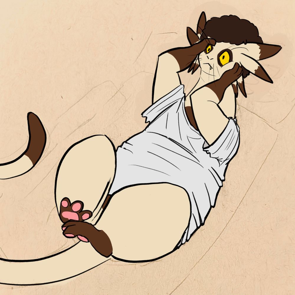 A man wakes up in a bed, noticing he has been transformed into a small cat-like alien. He is rubbing his paws on his face, feeling his ears and whiskers, looking surprised.