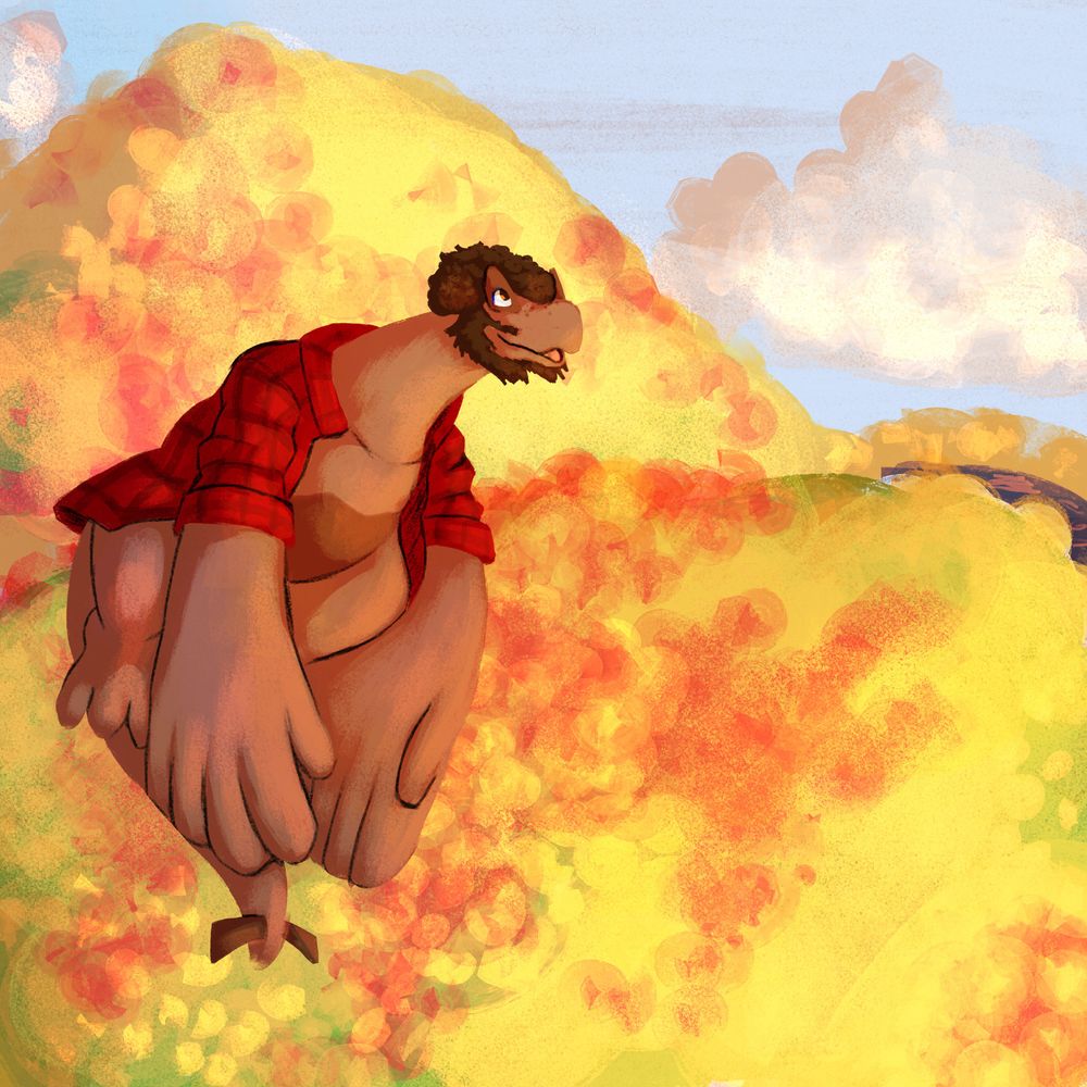 A man who is transformed into a Lugia is flying over some hills adorned with trees whose leaves are yellow and red.