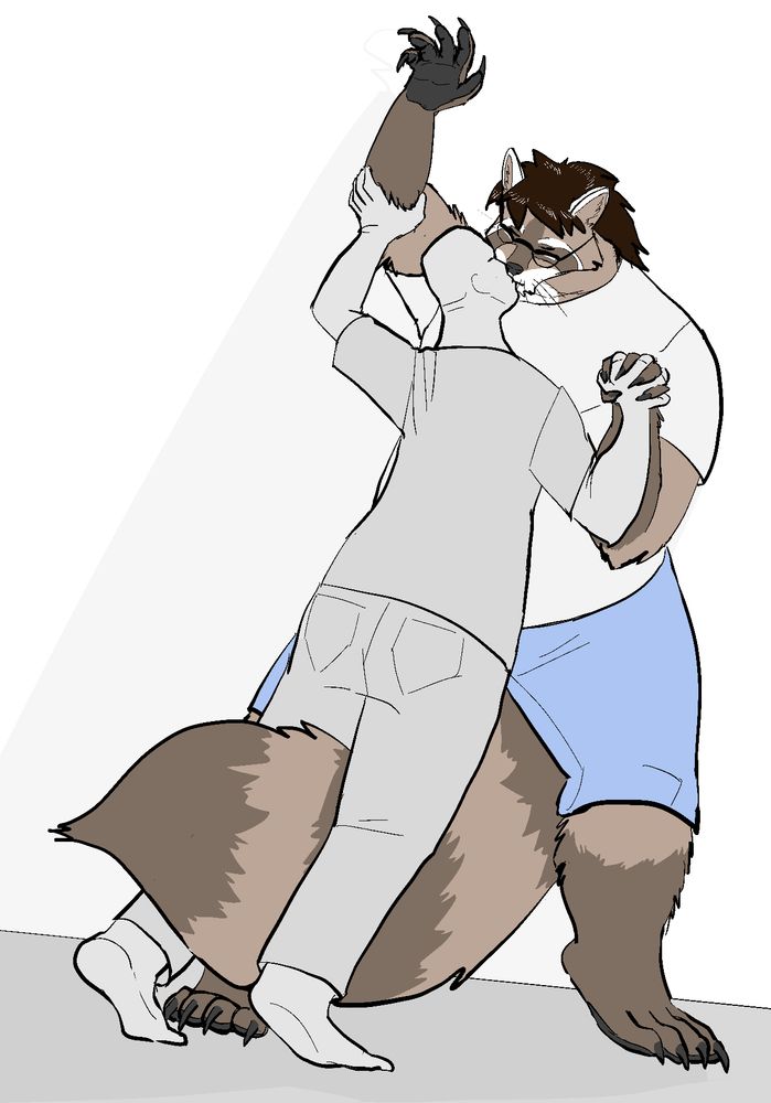 A large raccoon-man is passionately kissing a non-descript person. On the mouth.