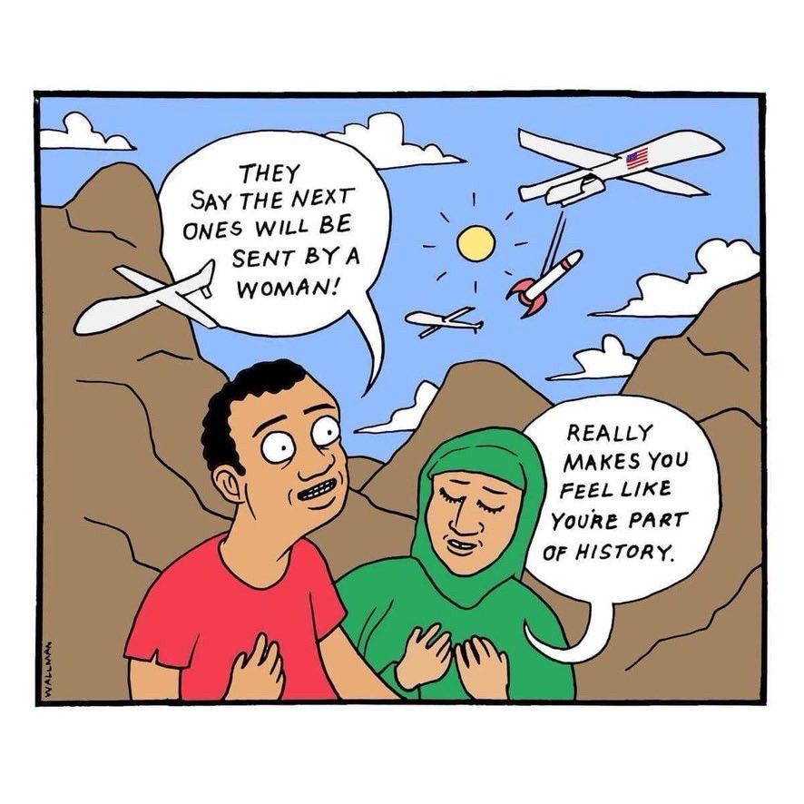 Two people against a mountainous background, one in a hijab. Planes drop bombs overhead. One says “they say the next ones will be sent by a woman” and the other replies “really makes you feel like you’re part of history”