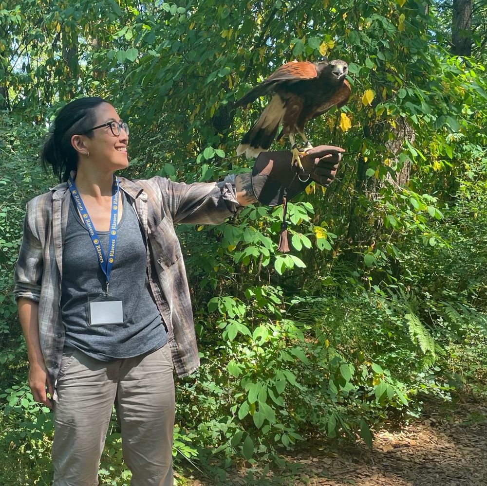 Me, in a wooded area standing with a hawk perched on a leather glove