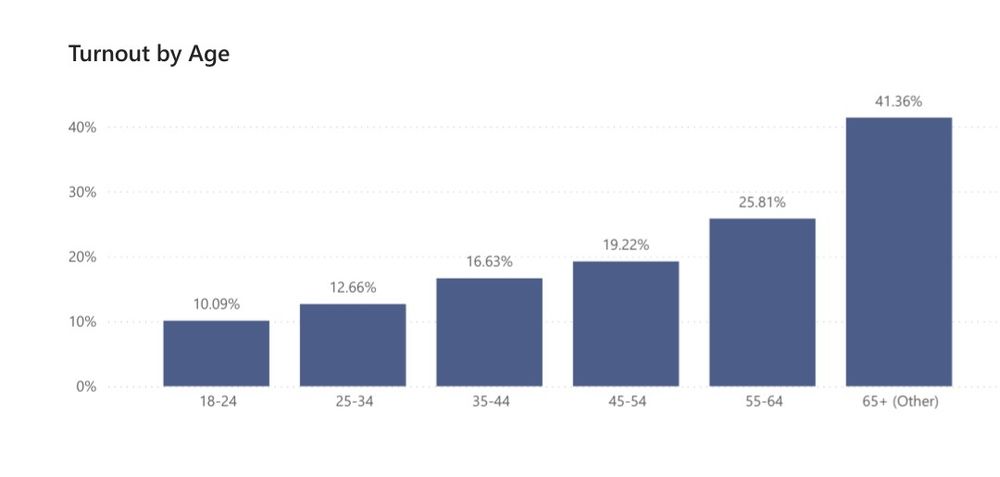 Chart shows voter turnout by age, with older voters voting much more than younger voters