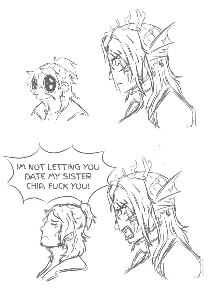 A two frame comic featuring Chip and Gillion from JRWI: Riptide. The top panel has Gillion looking irritated and looking ahead. Chip is beside him looking at him pleadingly. Chip is stylized with big sparkling eyes.

The lower panel has Gillion yelling in anger; "I'M NOT LETTING YOU DATE MY SISTER CHIP. FUCK YOU!" Chip looks devastated, his eyes are closed and he has a single teardrop falling.