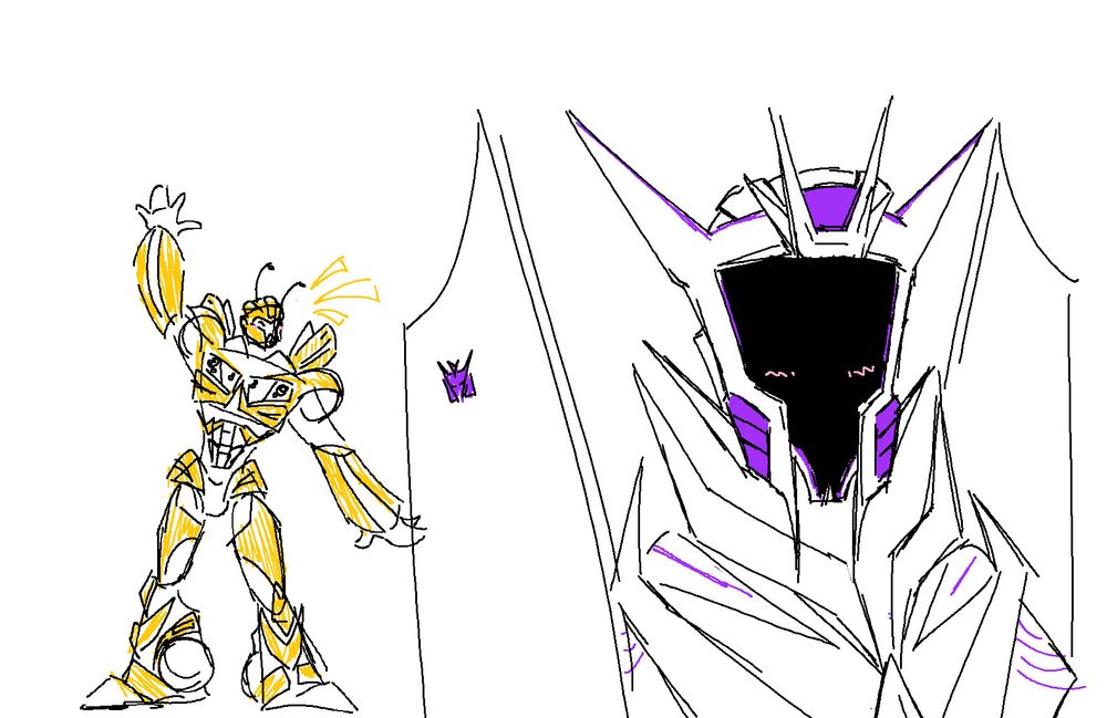 A MSPaint doodle of Bumblebee and Soundwave from Transformers: Prime. Bumblebee is in the background, waving excitedly to Soundwave, who is in the foreground. He has no visible expression aside from a slight stylized blush.