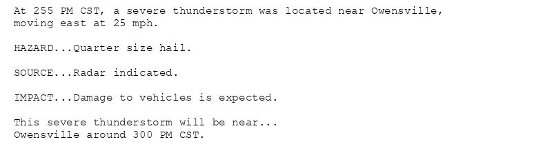 At 255 PM CST, a severe thunderstorm was located near Owensville,
moving east at 25 mph.

HAZARD...Quarter size hail.

SOURCE...Radar indicated.

IMPACT...Damage to vehicles is expected.

This severe thunderstorm will be near...
Owensville around 300 PM CST.