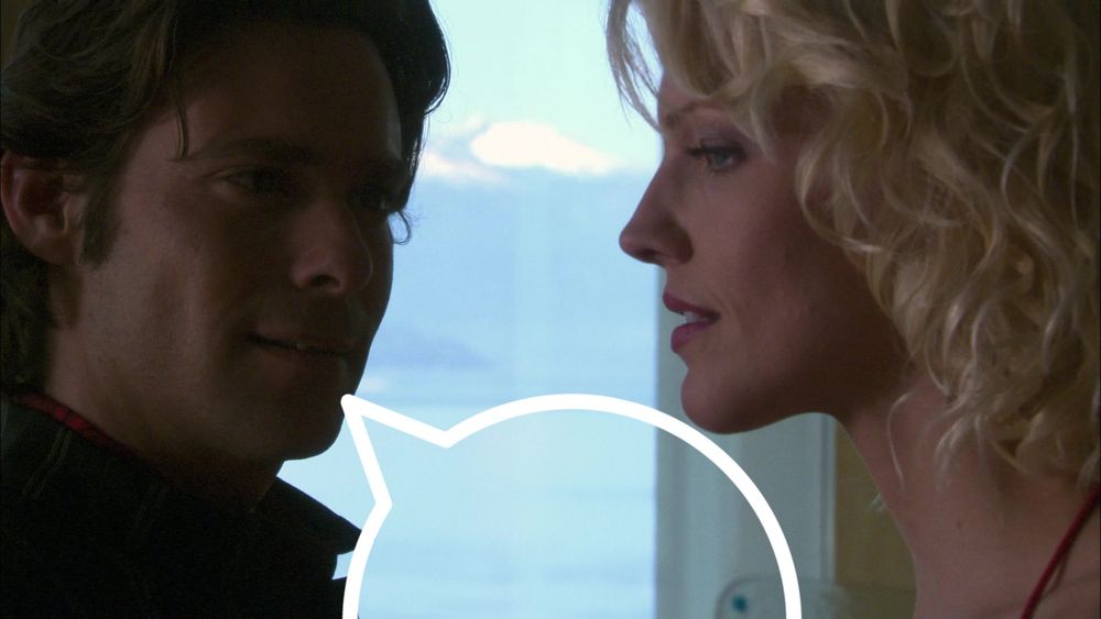 Context: Battlestar Galactica episode where Gaius Baltar has a dream where he's talking to Six about how the fleet has to warp jump every 33 minutes because the AI enthusiasts keep finding them and blowing up their spot.

    Six: You know you're not safe.
    Baltar: No, course not. The Cylons will follow us again, as they have the last two hundred and thirty seven times.
    Six: You're right, you know. There are limits. Eventually you'll make a mistake.
    Baltar: And then you'll kill us all. Yes. Yes, I know, but... not for another thirty-three minutes

Description: brunette white guy talking with blonde white woman in front of a lake