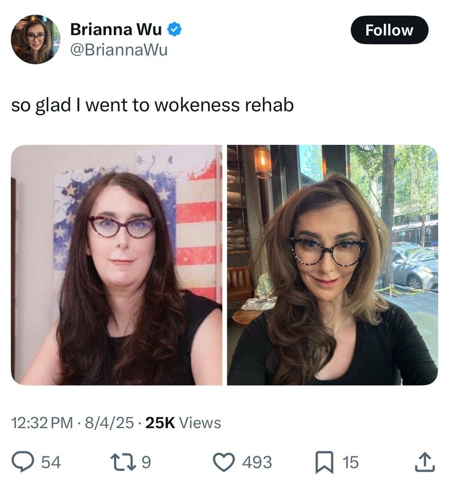 Two pics if Brianna Wu with different camera angles to make her look thinner.  Tweet says "so glad I went to wokeness rehab"