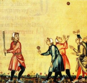 Illustration of stoolball, where people would cast stones at a person and make them hit the stones. Also a method of torture