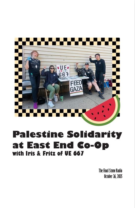 zine cover of our interview "Palestine Solidarity at East End Co-Op with Iris and Fritz of UE 667 featuring a photo of four people with raised fists around a table saying "Feed Gaza and UE 667 | The Final Straw Radio - October 26, 2025" in a checkered frame with a drawing of a slice of watermellon