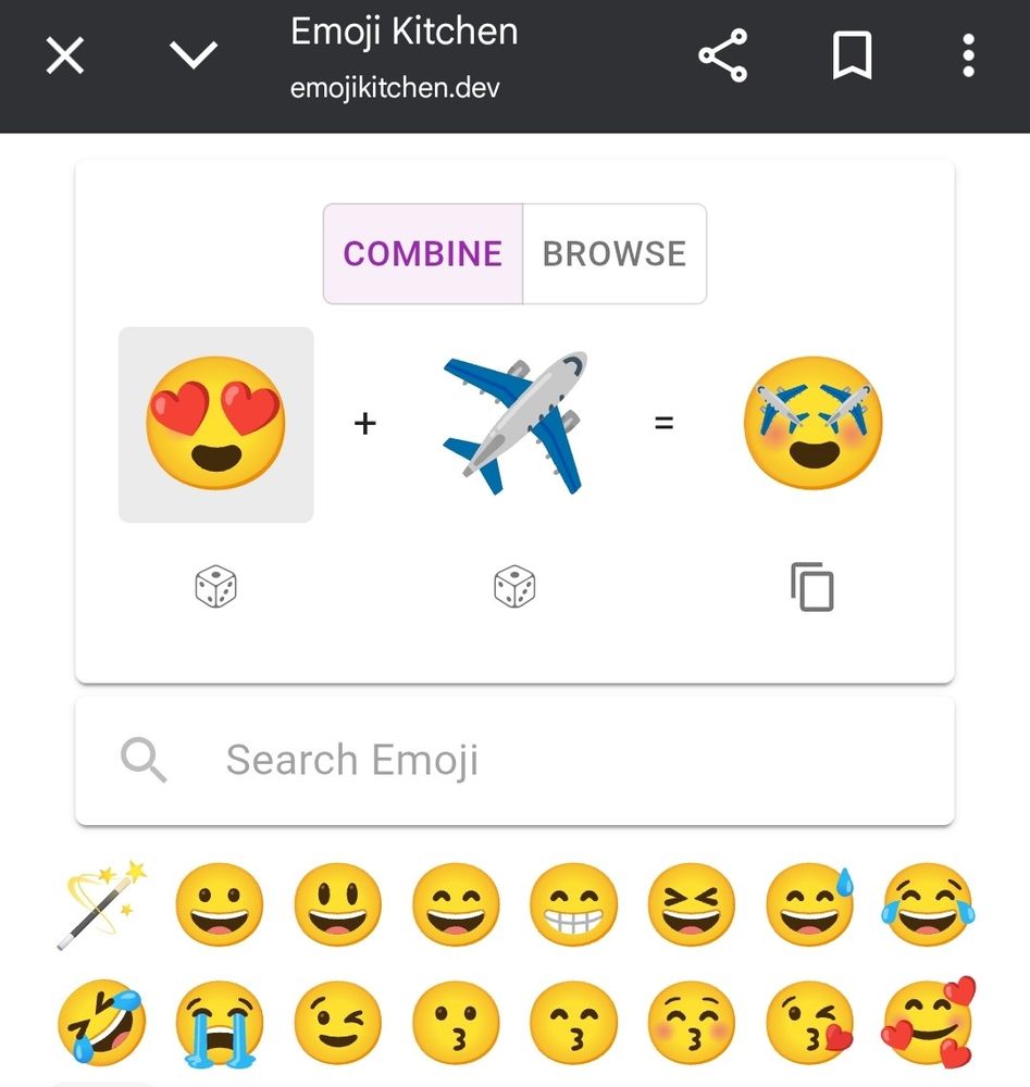 Screenshot of an emoji combination app. It combines the heart eyes emoji with the airplane emoji to make the heart eyes emoji with the hearts replaced with airplanes as the eyes
