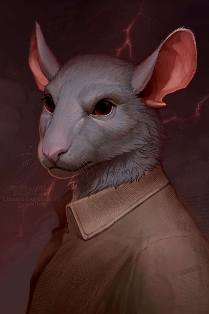 A portrait of an anthro rat character, alert and grim, looking at the viewer. He is wearing a thin linen shirt, through which we can see a number 07 on his shoulder. Background is in a red hue, filled with dark clouds and lightnings.