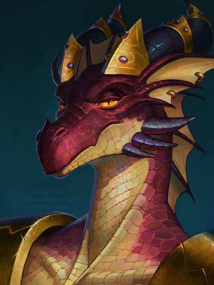 Stylised portrait of a red dracthyr character looking rather annoyed at the portraitist. He is wearing golden armor and jewelry with garnets.