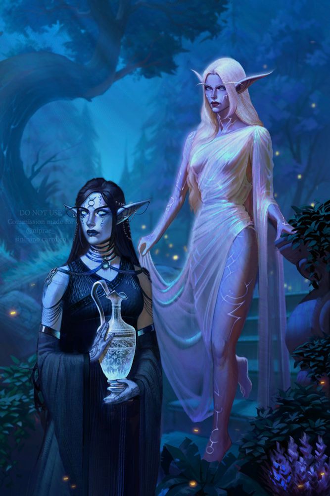 Two elf women descending the stairs in the night forest. One of them is wearing a white silken dress and her skin is covered with glowing tattoos. The other one is wearing a dark blue dress and is holding a magical glass vessel. 