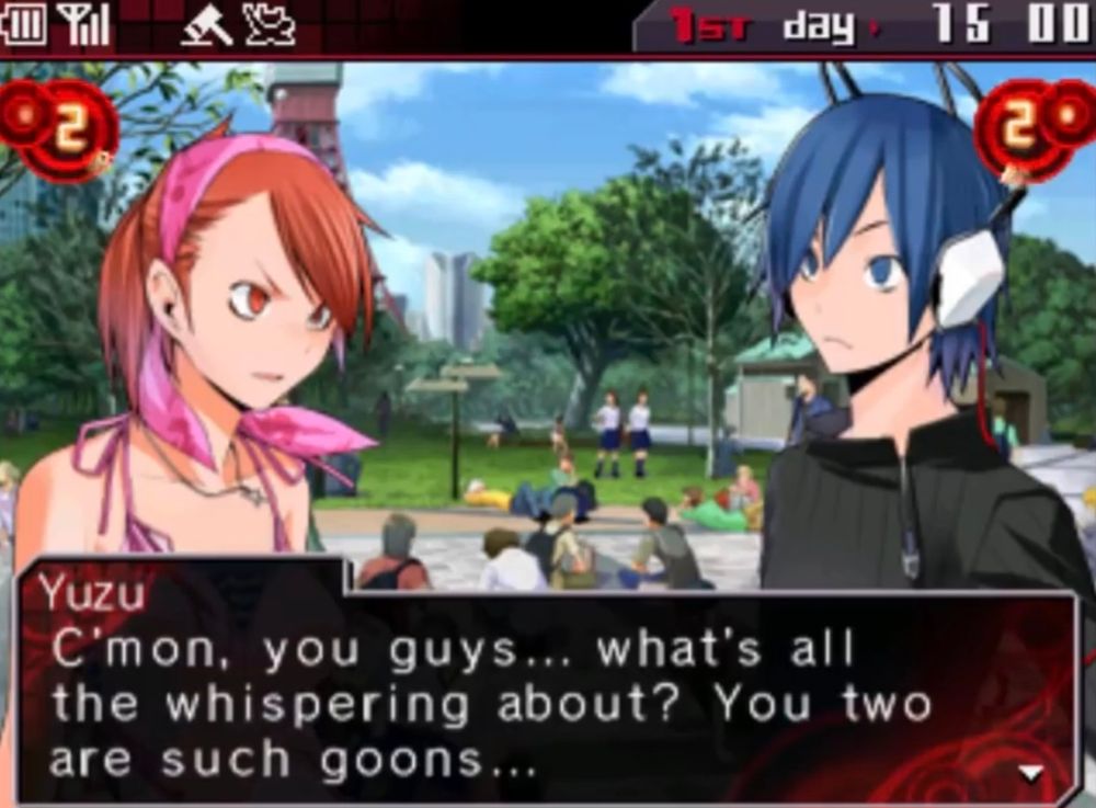 Dialogue from the game Shin Megami Tensei: Devil Survivor (2 out of 2)

Yuzu: C'mon, you guys... what's all the whispering about? You two are such goons...