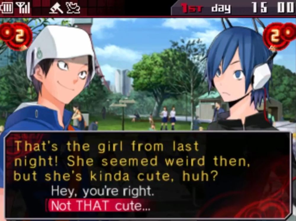 Dialogue from the game Shin Megami Tensei: Devil Survivor (1 out of 2)

Atsuro: That's the girl from last night! She seemed weird then, but she's kinda cute, huh?

Protagonist: Not THAT cute.