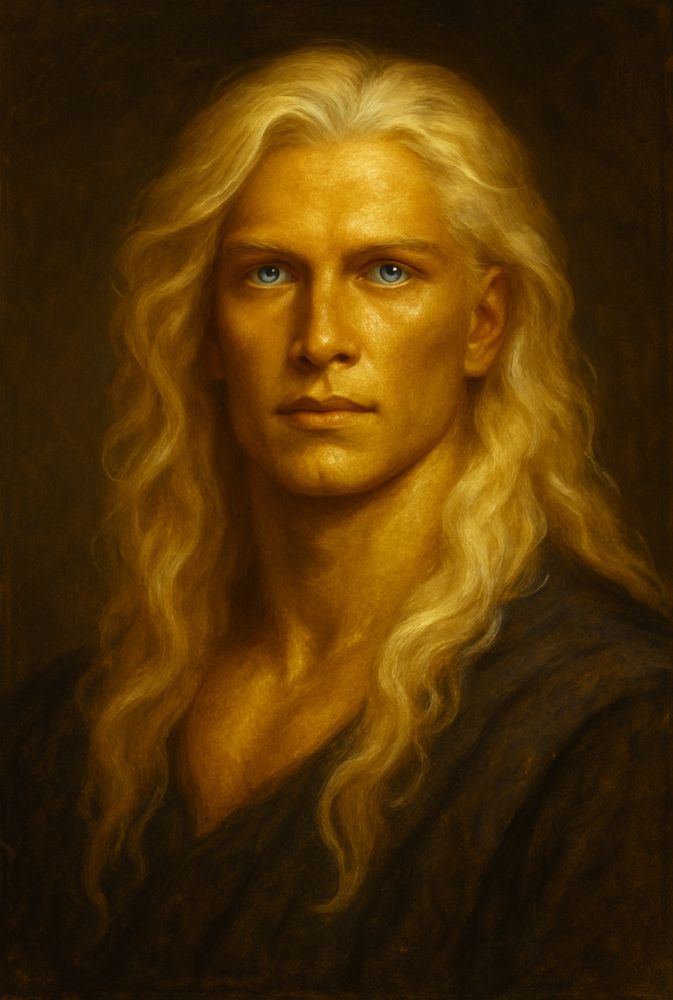 Image of the God Nahut from the Star Wars story: “the Broken Throne” 
man with glittering golden skin, blue eyes and long white-gold hair. 