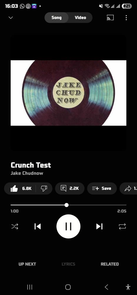 A screenshot of the Youtube Music app featuring the song "Crunch Test" by Jake Chudnow