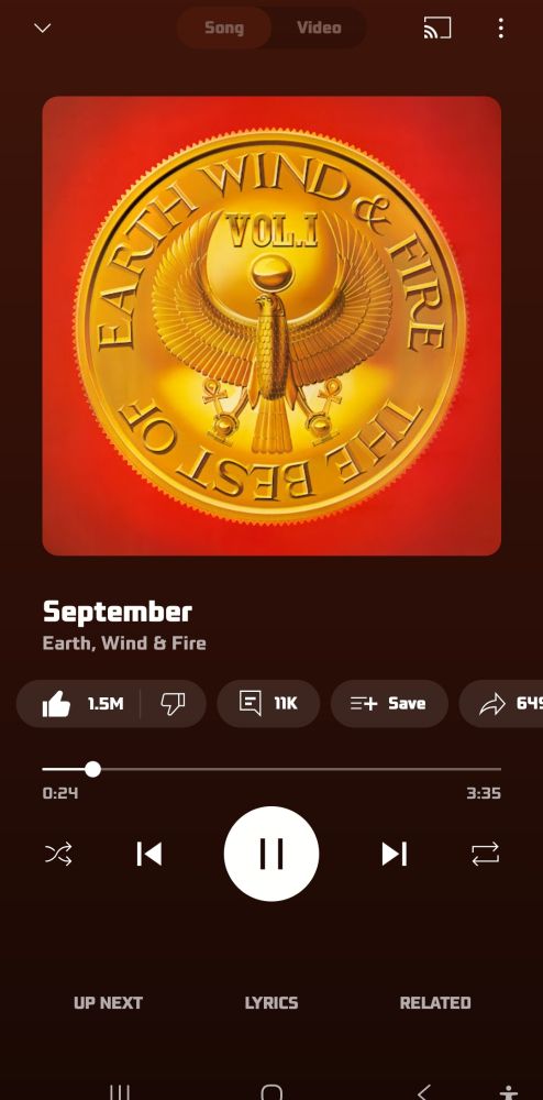 A screenshot of the Youtube Music app featuring the song "September" by Earth Wind and Fire.