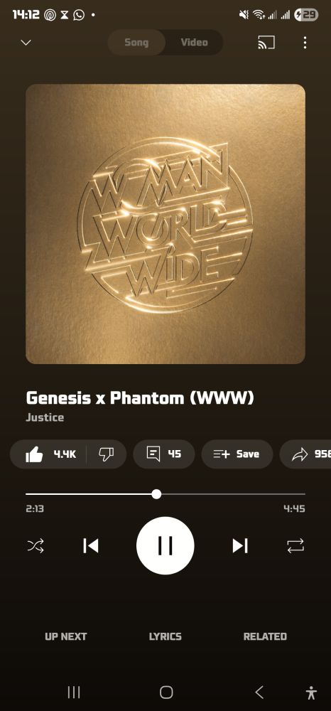 Screenshot of the Youtube Music app, featuring the song "Genesis x Phantom (WWW)" by Justice