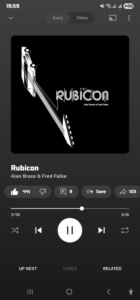 A screenshot of the Youtube Music app featuring the song "Rubicon" by Alan Braxe & Fred Falke