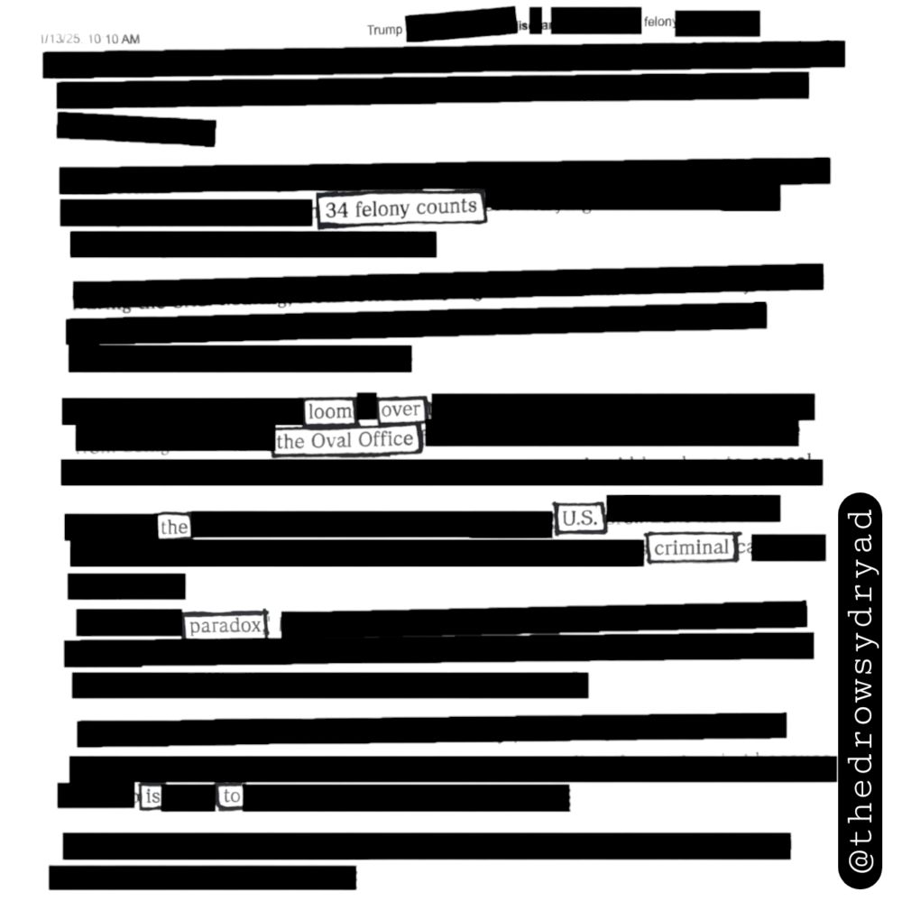 A news article blackout poem reads:
1/13/25 10:10 a.m.
Trump is a felon
34 felony counts
loom over
the Oval Office
the U.S. 
criminal
paradox
is to
credit: @thedrowsydryad