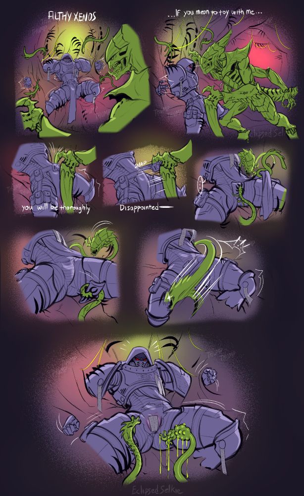 Deathwatch space marine, who is bond in a fleshy wall, glares at Tyranid Warrior. Tyranid hooks it's smaller talon in the look of the marine's belt, then snaps it with a quick tug. A tentacle carefully comes up to retrieve the codpiece, now bared by a secondary tentacle tugging the marine's loincloth to the side. The codpiece is removed further revealing the undersuit beneath, and a Ripper quickly takes advantage by shredding through the more delicate material. The Marine's pussy is revealed, hidden beneath a purity seal.