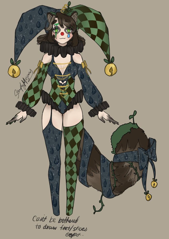 colored sketch of Mossy, my vtuber design, in a clown outfit
