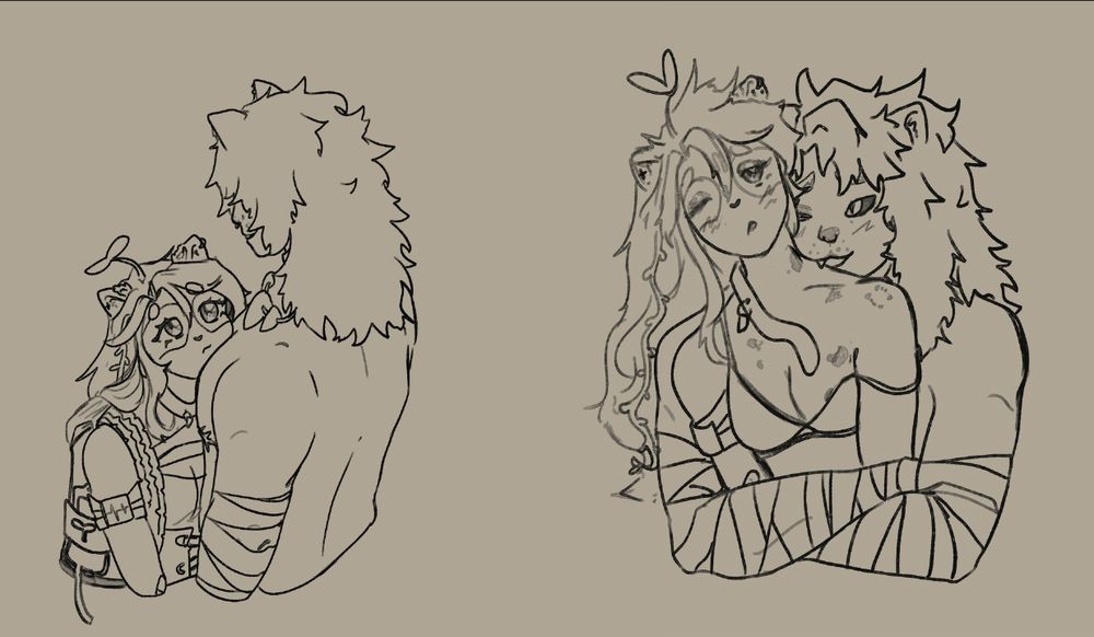Sketches of: mercury laying on kuma's chest with pouty eyes, 
and uh the second one is kuma and mercury in a more suggestive scene (post? mid? making out)