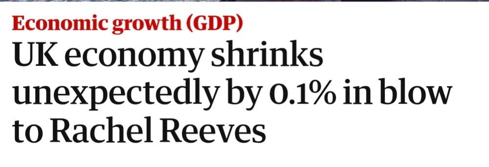 A Guardian headline reading: "UK economy shrinks unexpectedly by 0.1% in blow to Rachel Reeves"