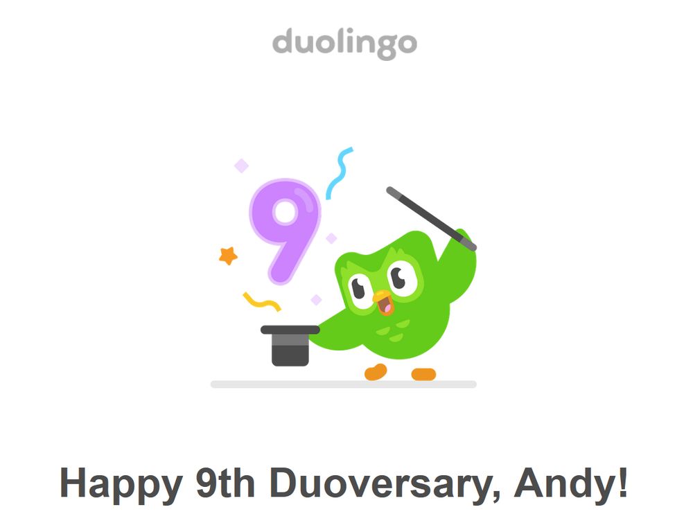 An image from Duolingo, wishing me a happy 9th anniversary of me joining the platform