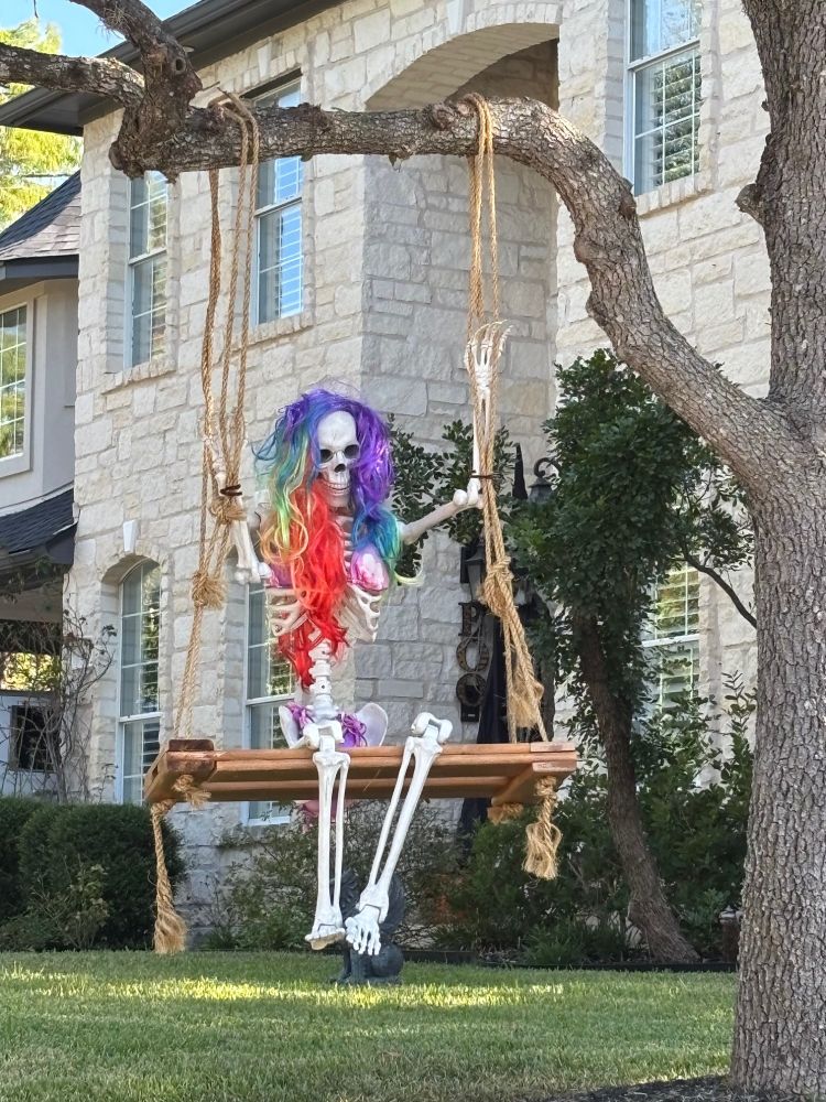 skeleton with multi-color long hair wig on swing in tree in neighbor's front yard