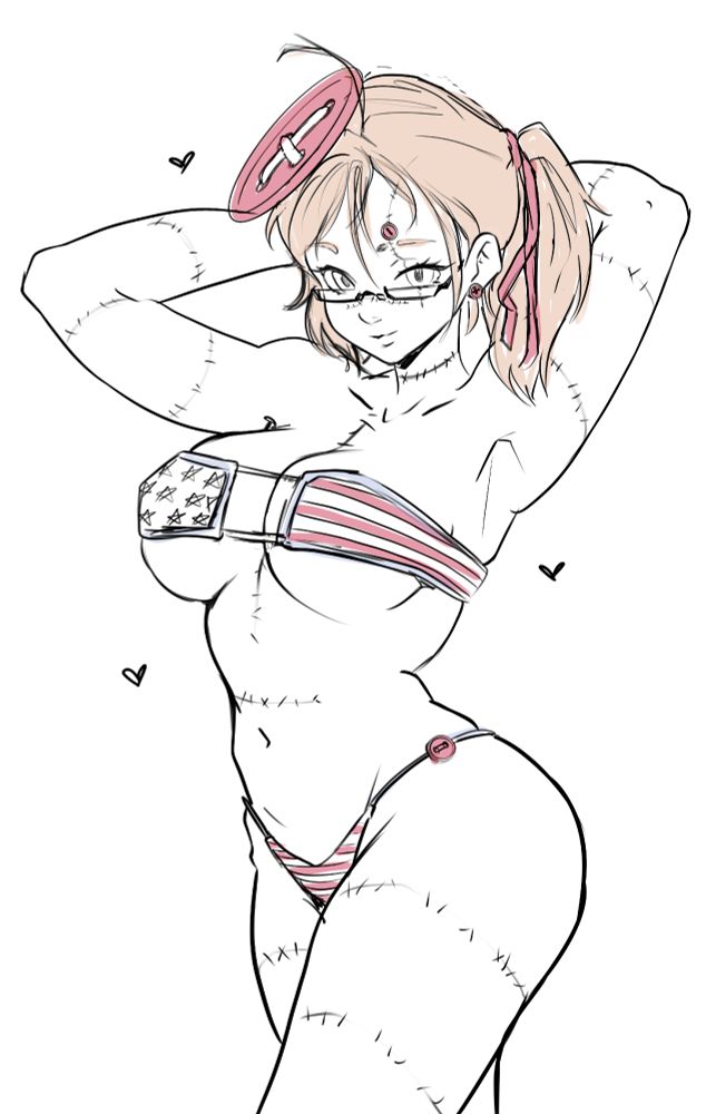 A drawing of indie Vtuber Buttons the Doll in a flag-pattern bikini. The top being more similar to a tube-top or an eye-patch bikini top. It is entirely in black and white except for the red stripes of the flag on the bikini, a red button on the waistband of the bikini bottoms, the red buttons on Buttons' head, and a red ribbon tying her hair back.
She is posted with one leg forward and her hands behind her head. 3 little hearts frame her in the image.