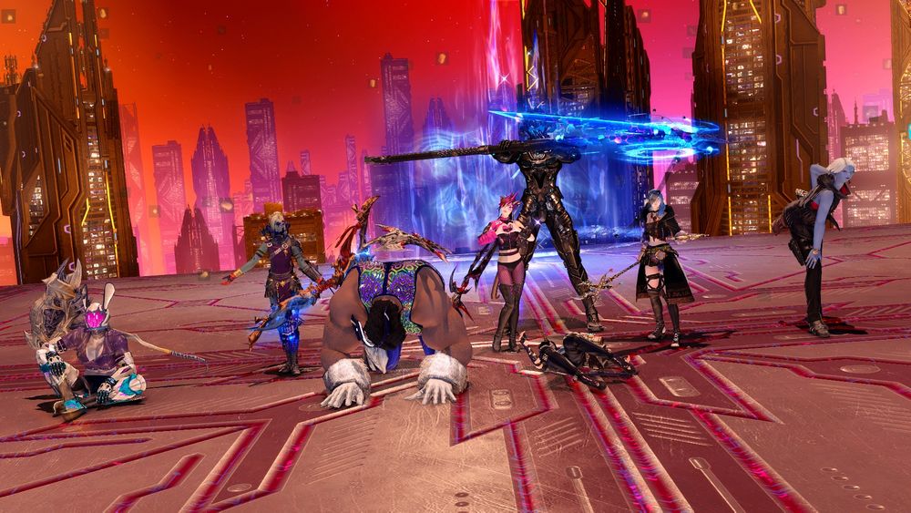 A group of fantasy characters after a boss fight. The boss is lying on the ground, and the group surrounds her. Some characters look tired while others are smiling. 