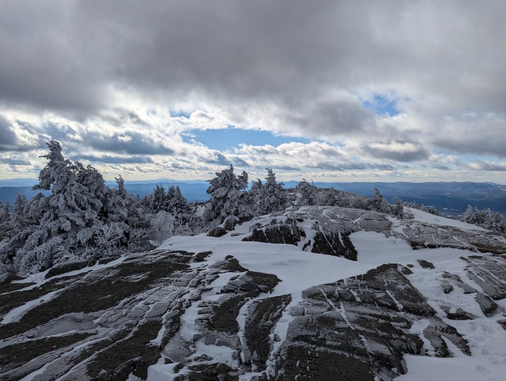 Top of a rocky mountain, with ice, rock, and snow covering the face. Icy trees scattered around