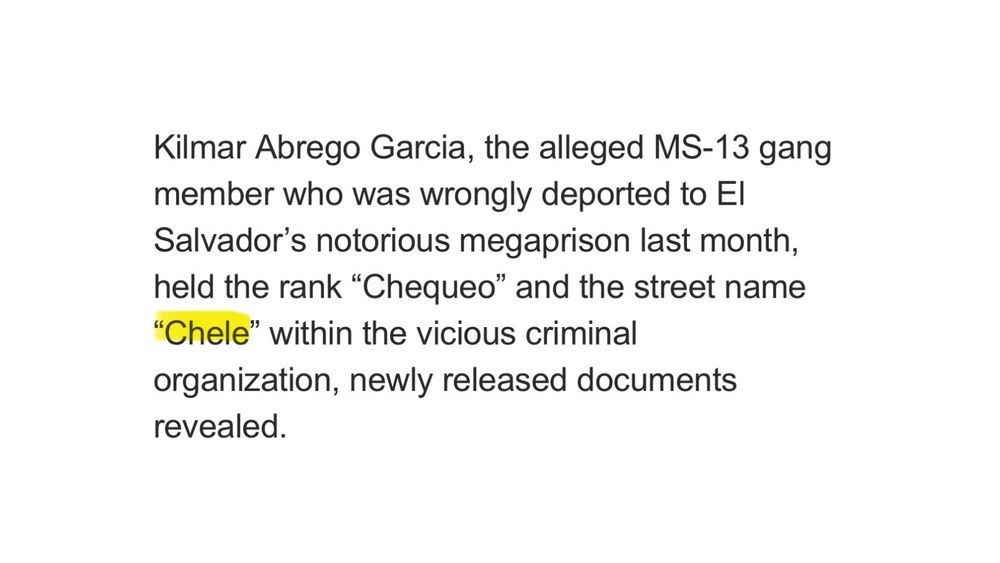 Kilmar Abrego Garcia, the alleged MS-13 gang member who was wrongly deported to El Salvador’s notorious megaprison last month, held the rank “Chequeo” and the street name “Chele” within the vicious criminal organization, newly released documents revealed.