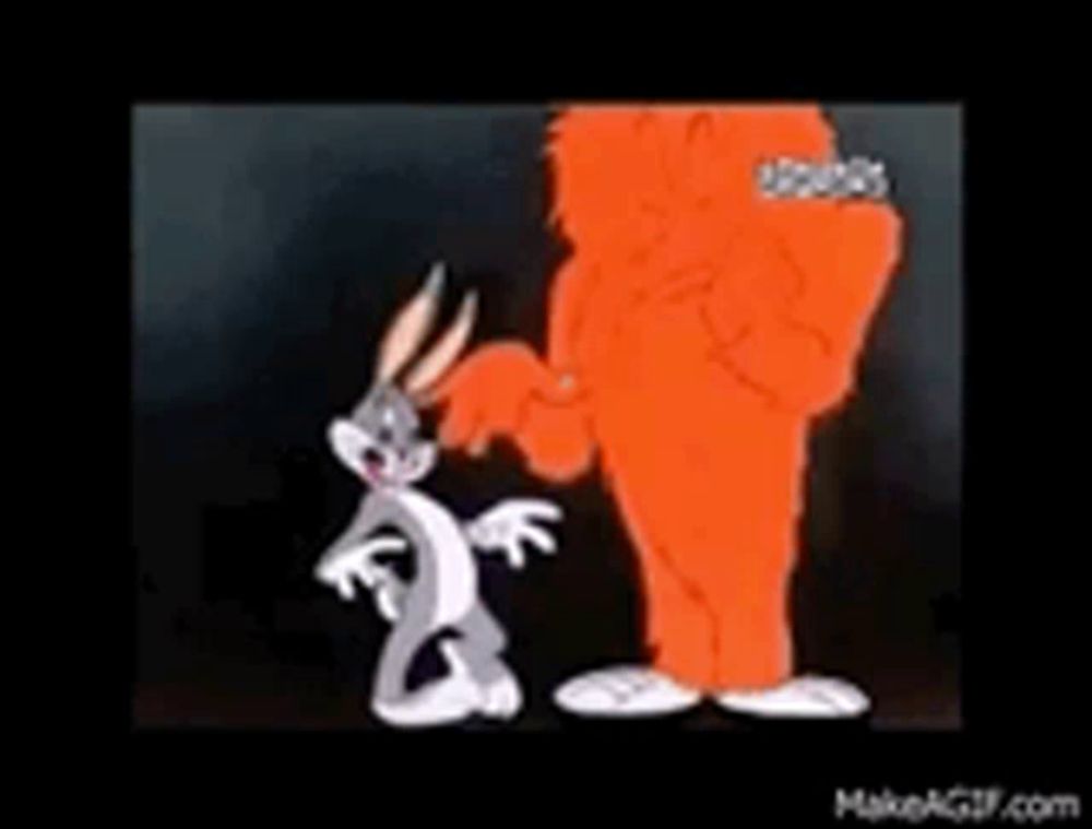 bugs bunny and an orange monster are standing next to each other and screaming .