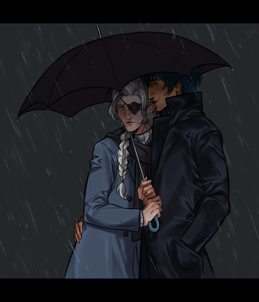 Antares and Hermes share a black umbrella as they stand in rain. 