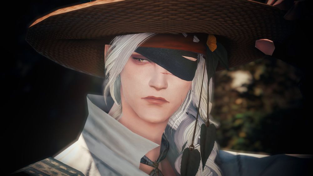  a portrait of the most melancholic and beautiful white haired elf. He tilts his Strawhat as he glances forlornly at something in the distance. One eye is covered by a black piece of cloth.