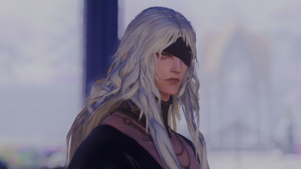 Portrait of a long haired elf standing in the shade. His hair is long and dishelved, and a black cloth covers one of his eyes. 