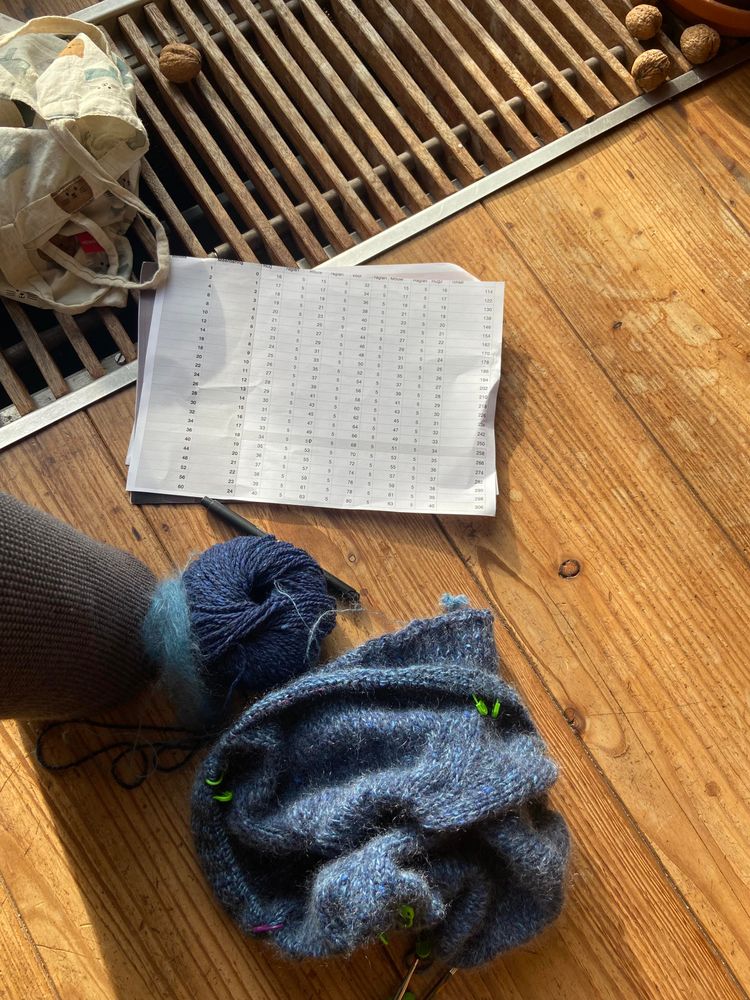 Een blauwgrijs breiwerk op de houten vloer met ernaast een vel papier met rijen getallen 